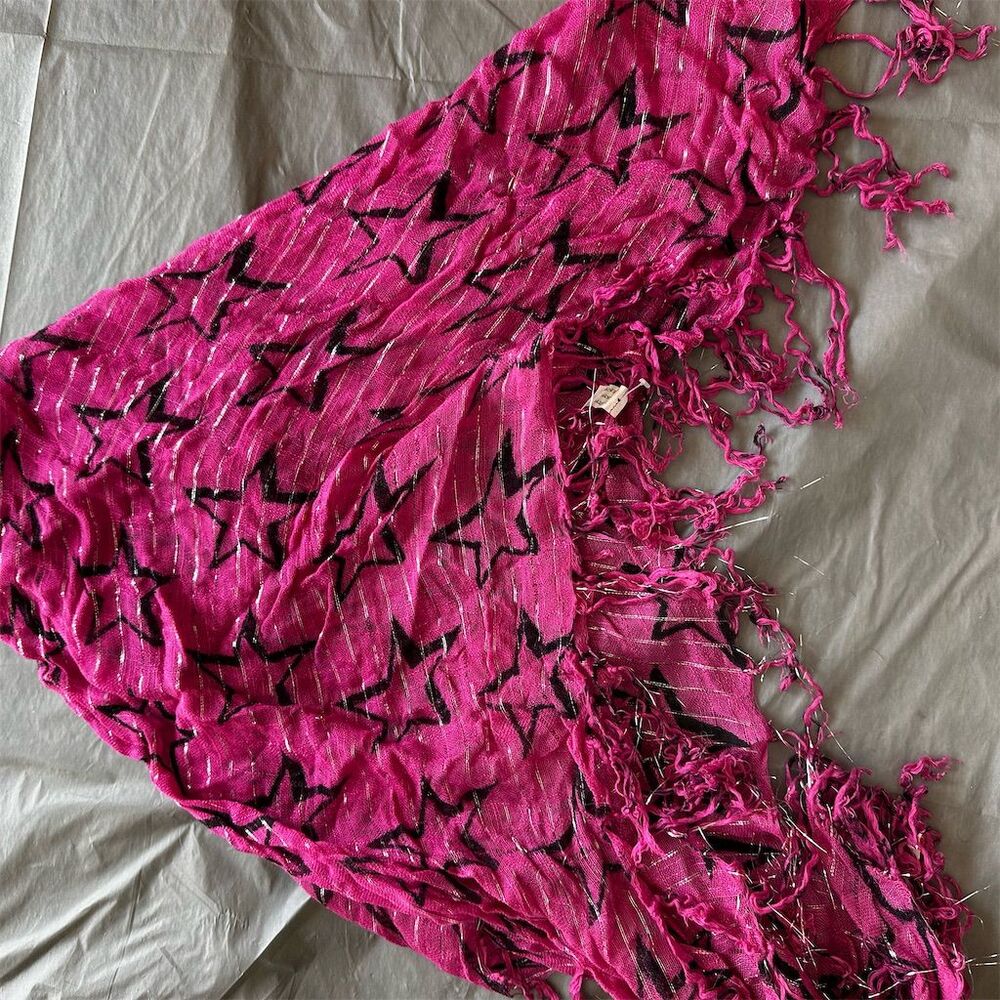 Women's Pink Geometric Star Pattern Fringed Scarf